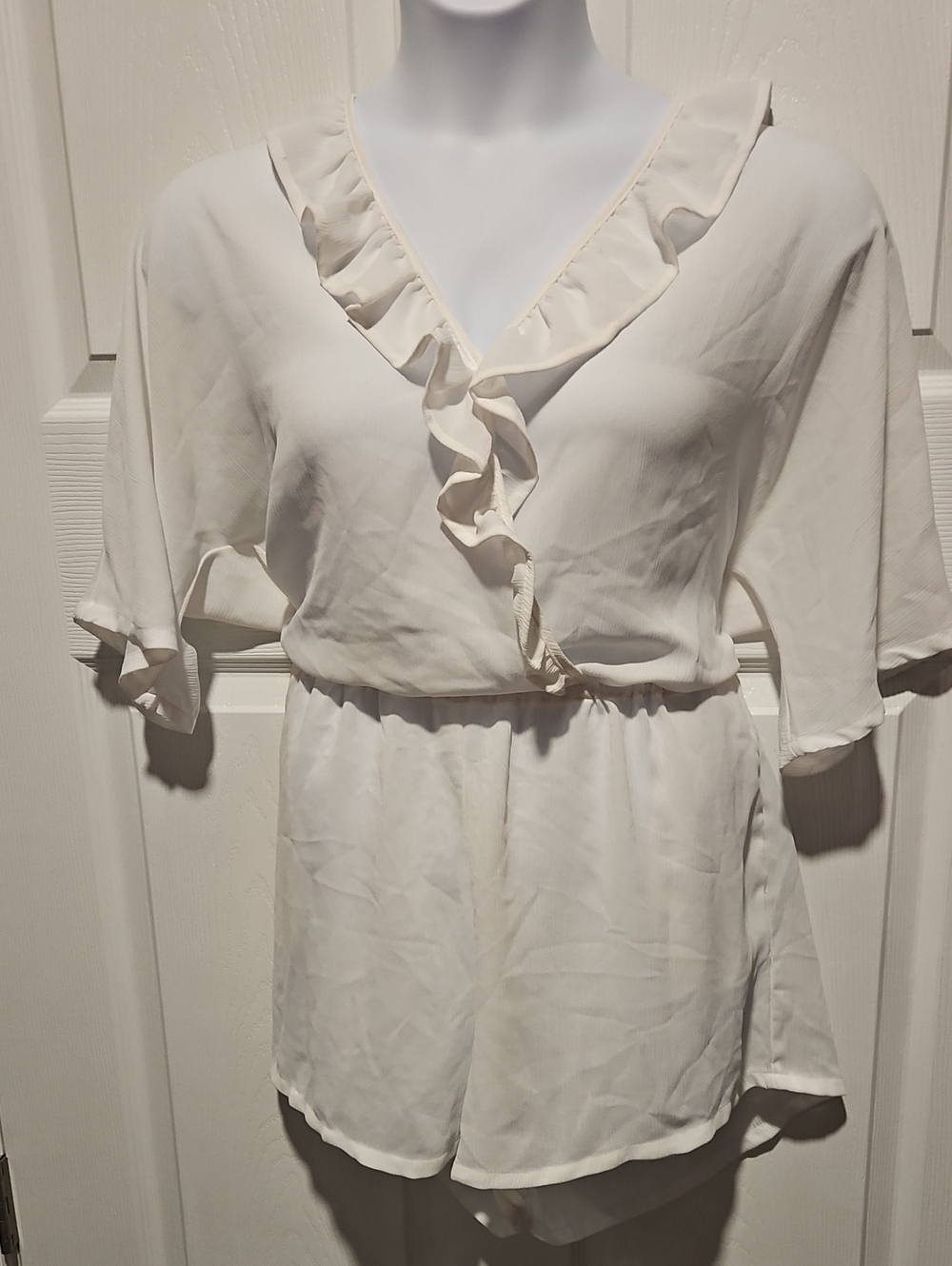 LC Lauren Conrad Sheer White V-Neck Ruffle Romper